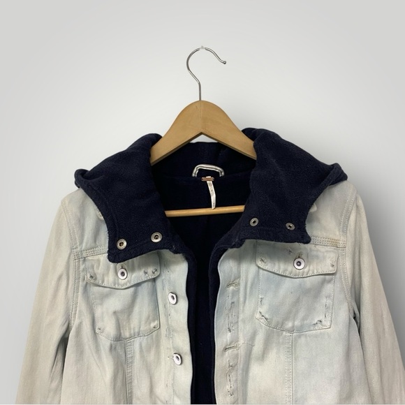 Free People Double Weave Denim Jacket Hooded Distressed Grunge Streetwear Sz M - Picture 2 of 7